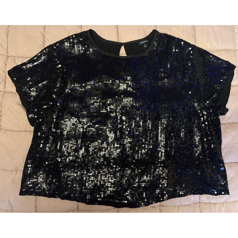 Torrid Women Black Sequin Top Short Sleeve Party Blouse, Size‎ 2 (2X)